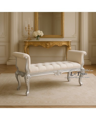 Panca Classica Barocca in Legno Argento e Tessuto Avorio – Personalizzabile nei Colori AZ39B