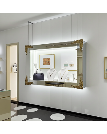 Vetrina Sospesa a giorno Specchiata Moderna senza ante in vetro con Angoli Oro – Design Elegante VTTS