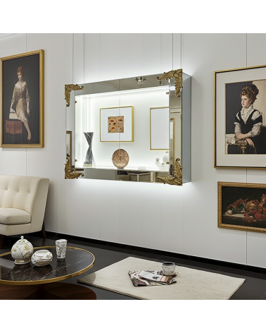 Vetrina Sospesa a giorno Specchiata Moderna senza ante in vetro con Angoli Oro – Design Elegante VTTS