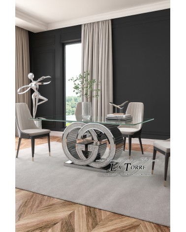 Mirrored Dining Table with Embedded Swarovski Crystals – Luxury GG Tempered Glass Base, Elegant Modern Design CBF21874