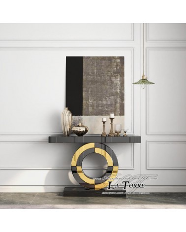 Consolle in Vetro Specchiato Scuro e Oro – Tavolo Ingresso Moderno di Lusso con Base Circolare Design CB23N171