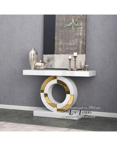 Consolle Bianca e Oro con Base Circolare – Tavolo Ingresso Moderno di Lusso con Piano Specchiato CB23N178