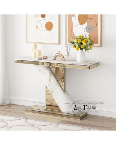 Modern Console Table in Porcelain Stoneware and Gold – Luxury Entryway Table with Mirrored Top CB23N059