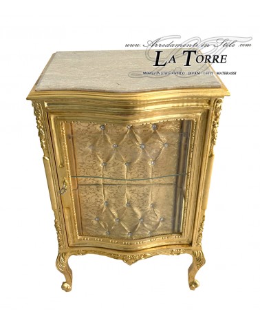 Louis XV Baroque Glass Display Cabinet Gold Marble Ivory Damask Fabric or Eco-leather Swarovski AL3337