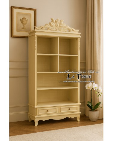 Libreria Barocca in Legno Avorio con Intagli e 2 Cassetti – Mobile Classico Elegante per Camerretta| Modello AZN05