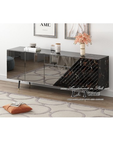 Modern Sideboard with Mirrored Doors and Glossy Black Stoneware Details – Elegant Designer Sideboard for the Living Room |