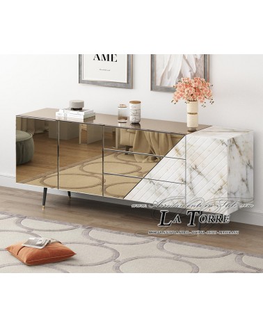 Gold Mirrored Sideboard with Calacatta White Stoneware – Elegant Modern Living Room Sideboard CB23N058