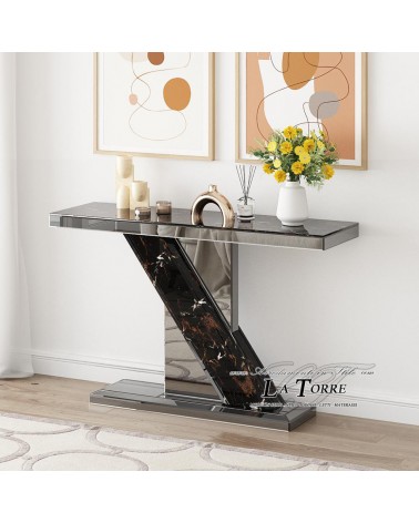 Modern Mirrored Console Table with Black Stoneware Details – Elegant Design Entrance Furniture CB23N051
