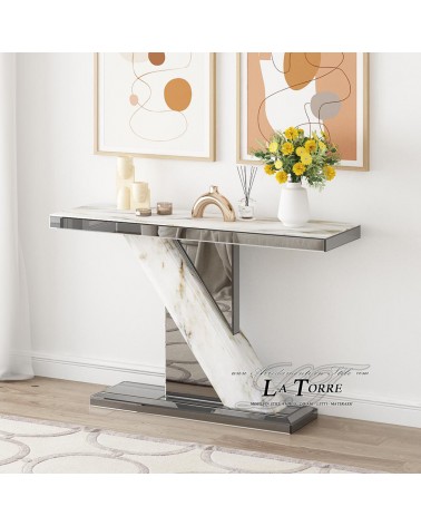 Modern Mirrored Console Table with Calacatta White Stoneware Details – Elegant Luxury Entryway Furniture CB23N055