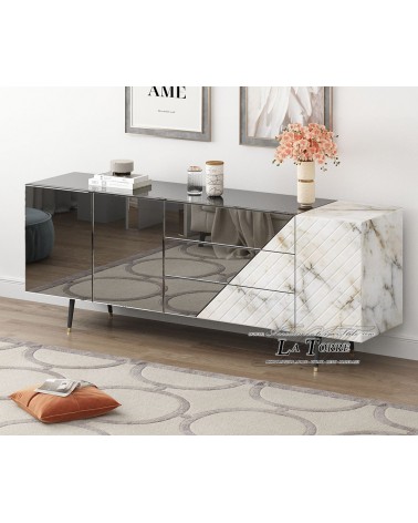 Modernes Sideboard aus verspiegeltem Gold und weißem Calacatta-Steingut – Elegantes Design-Sideboard für das Wohnzimmer CB23N056