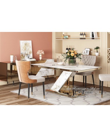 Modern Calacatta White and Gold Stoneware Table – Luxury Dining Table with Mirrored Top CB23N0511