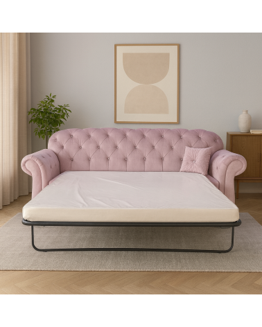 Divano letto 3 posti rete e materasso Chesterfield moderno ecopelle o velluto qualsiasi colore swarovski AZ03