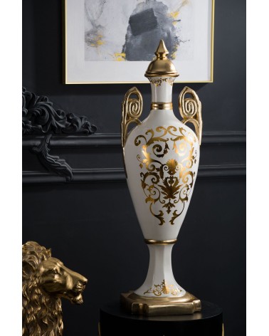 Amphorenvase aus elfenbeinfarbenem und goldenem Keramik mit Henkeln und Deckel – Art.-Nr. VI48