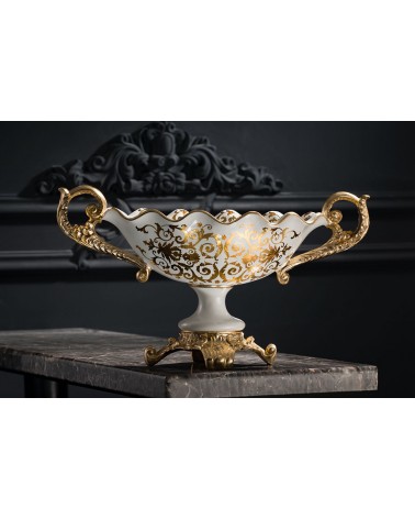 Jatte decorativa centrotavola in ceramica avorio e oro con manici – Cod. VI49
