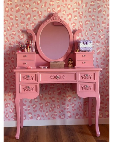 Schminktisch im Barockstil, Spiegel, Pouf, Ballerina, rosa, Na40