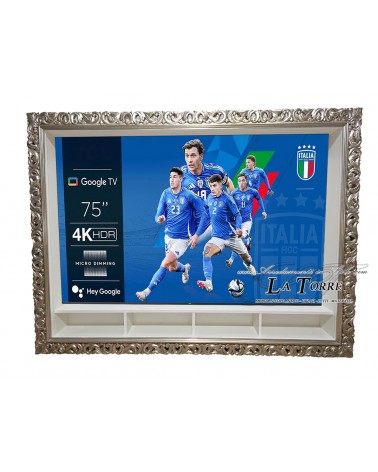 Mobile sospeso porta Smart TV con cornice argento traforata classica da parete stile Barocco box su misura TV1135A