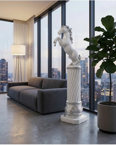 Ceramic sculpture statue of a prancing horse on a white and silver column H115 PR61