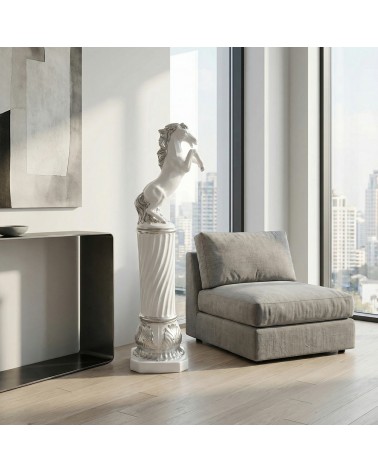 Statua scultura in ceramica cavallo rampante su colonna bianco e argento H115 PR61