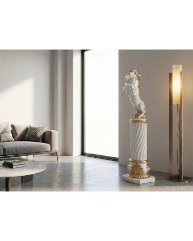 Ceramic sculpture statue of a prancing horse on an ivory and gold column H115 PR61