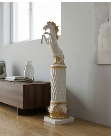 Ceramic sculpture statue of a prancing horse on an ivory and gold column H115 PR61