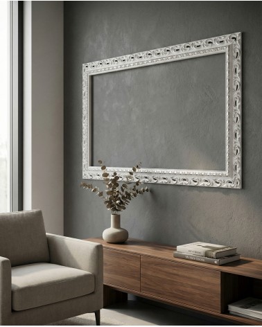 Custom-Made Classic Baroque Frame in White and Silver Wood – MBA