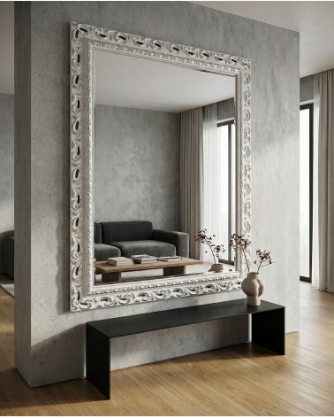 Specchiera Barocca Classica Traforata su Misura in Legno Bianco e Argento – M/BA