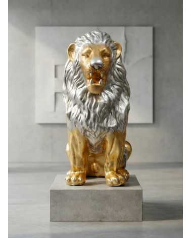 Statua Leone in Ceramica Foglia Oro con Criniera Argento e Swarovski – H 90 cm – PR14