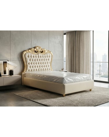 Letto Barocco una Piazza e Mezza con Contenitore in Legno ed Ecopelle – Oro o Argento – Diana