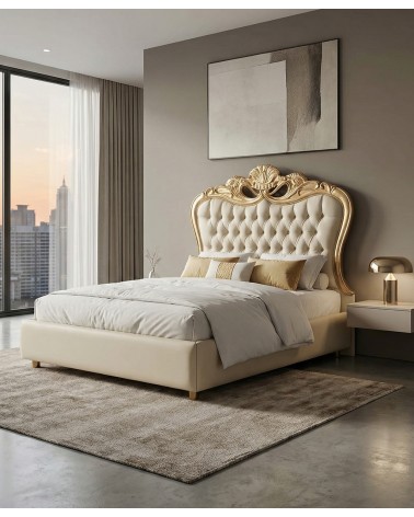 Baroque Queen Size Bed with Wooden and Faux Leather Storage – Gold or Silver – Diana