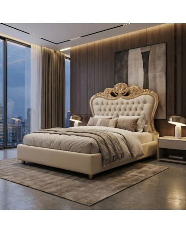 Letto Barocco Matrimoniale con Contenitore in Legno ed Ecopelle – Oro o Argento – Diana