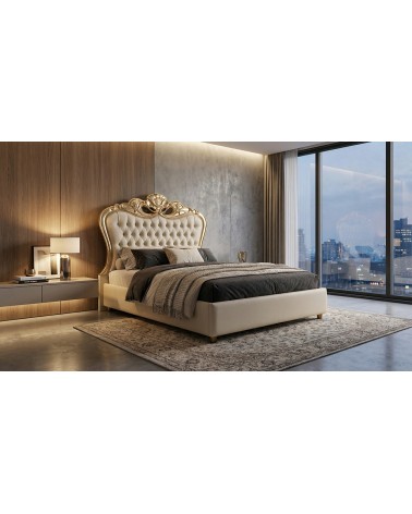 Letto Barocco Matrimoniale con Contenitore in Legno ed Ecopelle – Oro o Argento – Diana