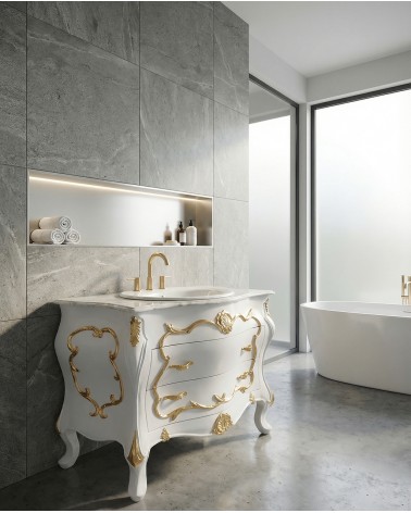 Mobile Bagno Classico Barocco Avorio Chiaro e Oro con Specchiera – Artigianale LT3066