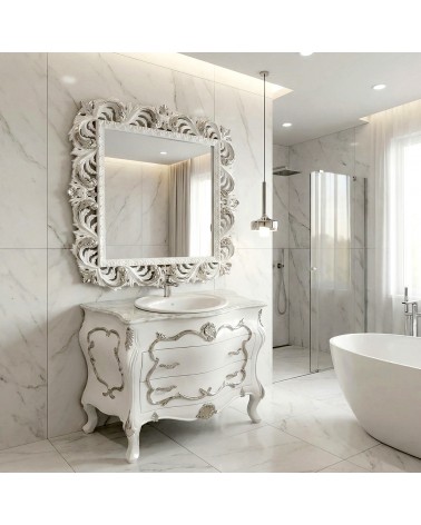 Mobile Bagno Classico Barocco Bianco e Argento con Specchiera – Artigianale LT3066