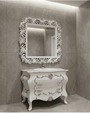 Classic Baroque White and Silver Bathroom Vanity with Mirror – Handcrafted LT3066