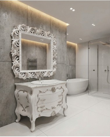 Classic Baroque White and Silver Bathroom Vanity with Mirror – Handcrafted LT3066