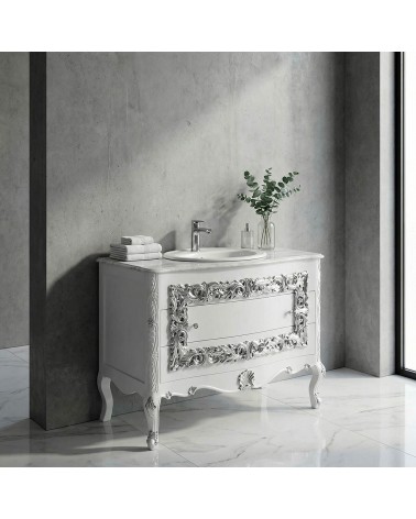 Mobile Bagno Barocco in Stile Classico Bianco e Argento con Specchiera – Artigianale LT3068