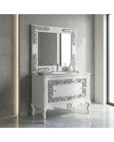 Mobile Bagno Barocco in Stile Classico Bianco e Argento con Specchiera – Artigianale LT3068