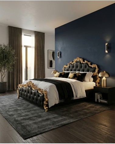 Letto Matrimoniale Barocco Rebecca con Contenitore Foglia Oro o Argento Capitonné Swarovski