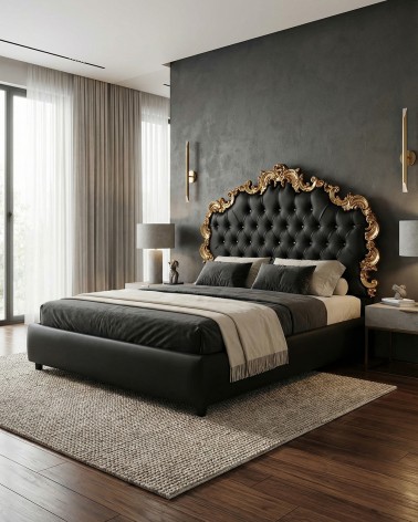 Letto Matrimoniale Barocco Rebecca con Contenitore Foglia Oro o Argento Capitonné Swarovski