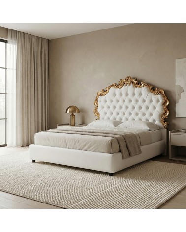 Letto Matrimoniale Barocco Rebecca con Contenitore Foglia Oro Capitonné Ecopelle Tessuto Velluto Personalizzabile