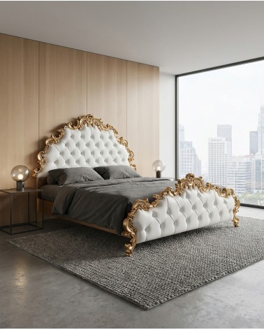 Samira Baroque Double Bed with Gold Leaf Capitonné Storage Box Faux Leather Velvet Fabric Customizable