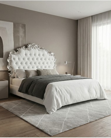 Rebecca Baroque Double Bed with Gold or Silver Leaf Storage Box, Customizable Faux Leather/Velvet