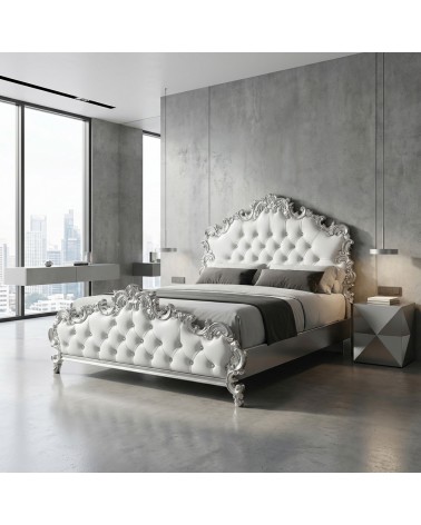 Rebecca Baroque Double Bed with Gold or Silver Leaf Storage Box, Customizable Faux Leather/Velvet