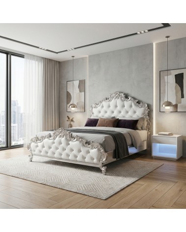 Letto Matrimoniale Barocco Rebecca con Contenitore Foglia Oro o Argento Ecopelle/Velluto Personalizzabile