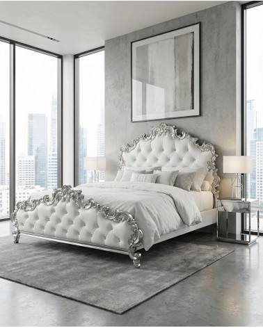 Letto Matrimoniale Barocco Rebecca con Contenitore Foglia Oro o Argento Ecopelle/Velluto Personalizzabile