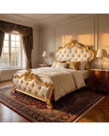 Double bed container in Baroque eco-leather, gold or silver wood Beatrice