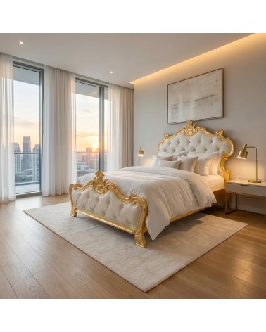 Letto Matrimoniale Barocco Beatrice con Contenitore in Legno Foglia Oro o Argento Ecopelle Personalizzabile