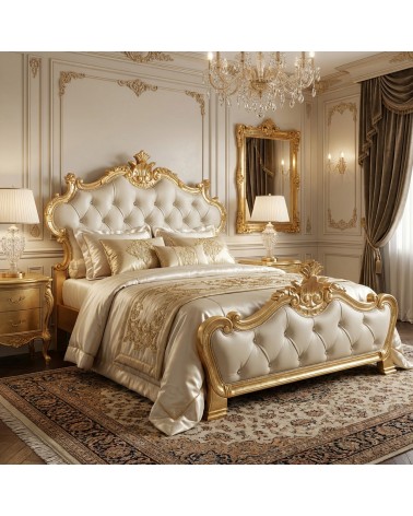 Baroque Queen Size Bed with Storage Compartment, Eco-Leather, Velvet, Wood, Gold or Silver Leaf, Any Color, Beatrice