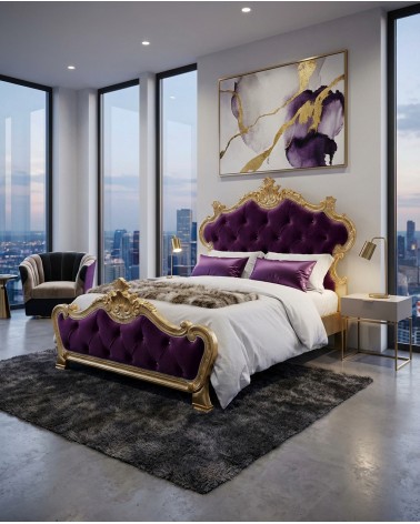 Barockes Queensize-Bett mit Holzgestell, Blattgold oder Blattsilber, Kunstleder oder Samt, jede Farbe, Beatrice