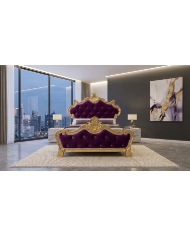 Baroque Queen Size Bed with Wooden Container, Gold or Silver Leaf, Faux Leather or Velvet, Any Color, Beatrice